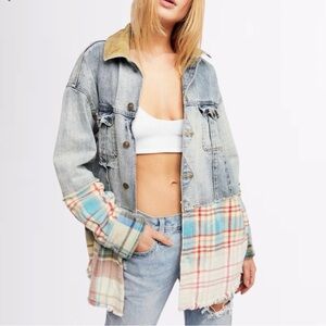 Free People Sirius Plaid Mixed Denim Shirt Jacket XS